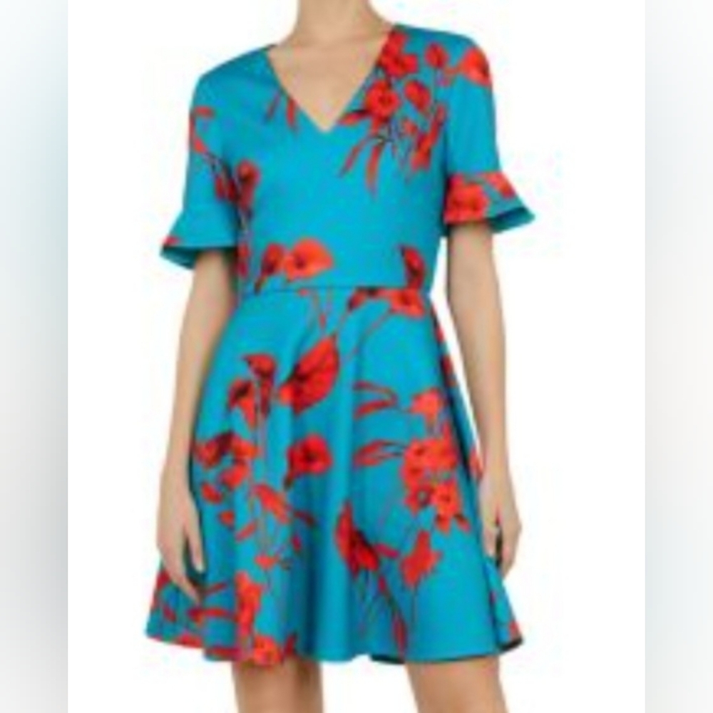 Ted Baker Teal Dress with Red Floral Details Chynna Fantasia Ted Baker Sz2